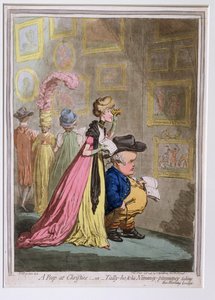 A Peep at Christies, eller Tally-ho, and his Nimeney-pimmeney Taking the Morning Lounge, udgivet af Hannah Humphrey i 1796 (ætsning, gravering, aquatint og wc på papir)